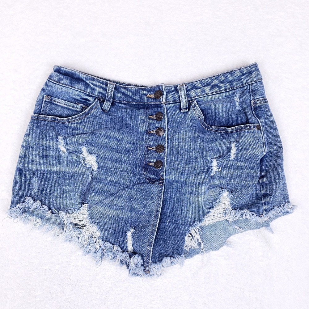 Madden NYC Denim Skort 11 Distressed Blue Asymmetrical Front‎ Wrap Button Fly